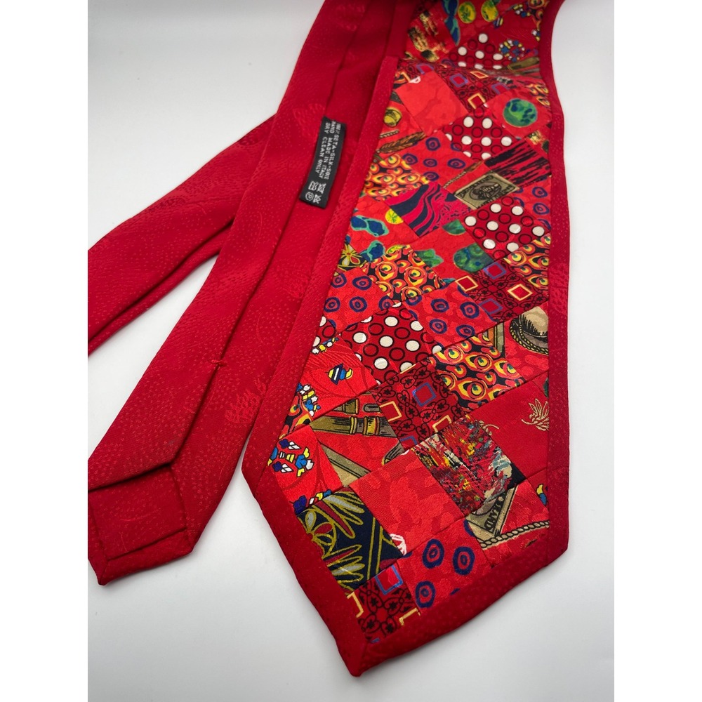 Santostefano Mr Santoro Red Patchwork Silk Tie Hand Made in Italy Jacquard Logo